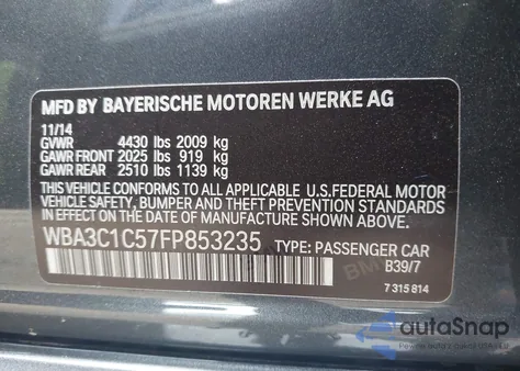 2015 BMW 328I from USA, damaged, VIN WBA3C1C57FP853235